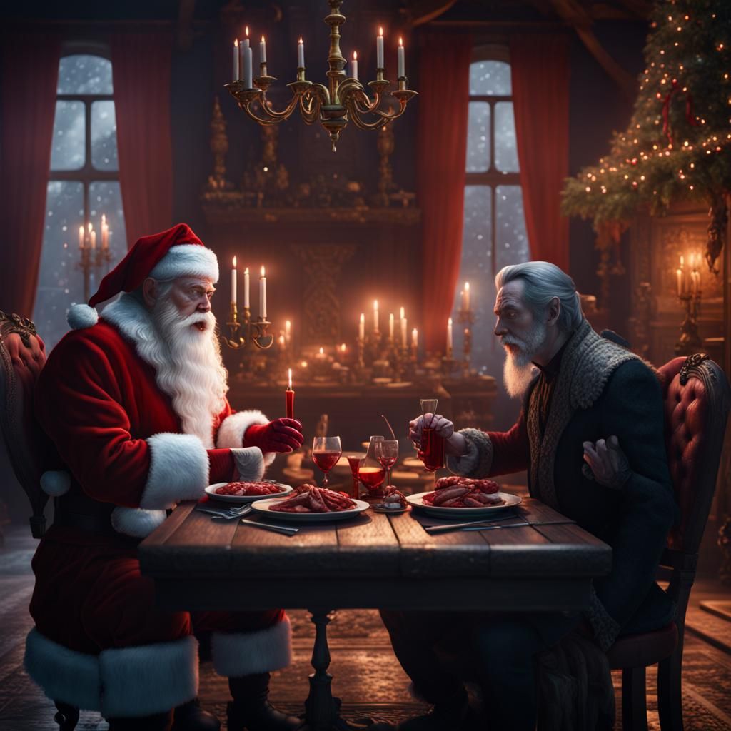 Santa Claus and Dracula Dinner: Detailed Fantasy Art
