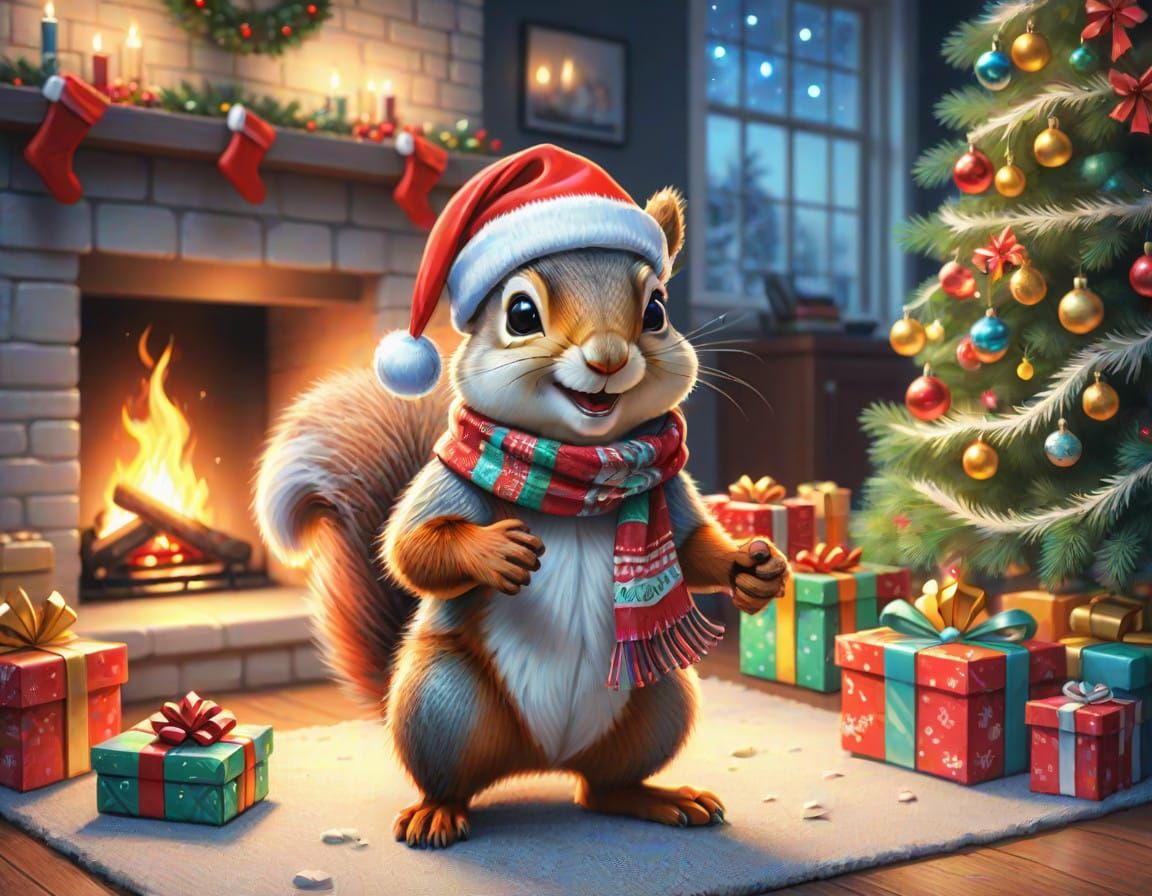 Squirrel Unwraps Christmas Joy in Vibrant Watercolor