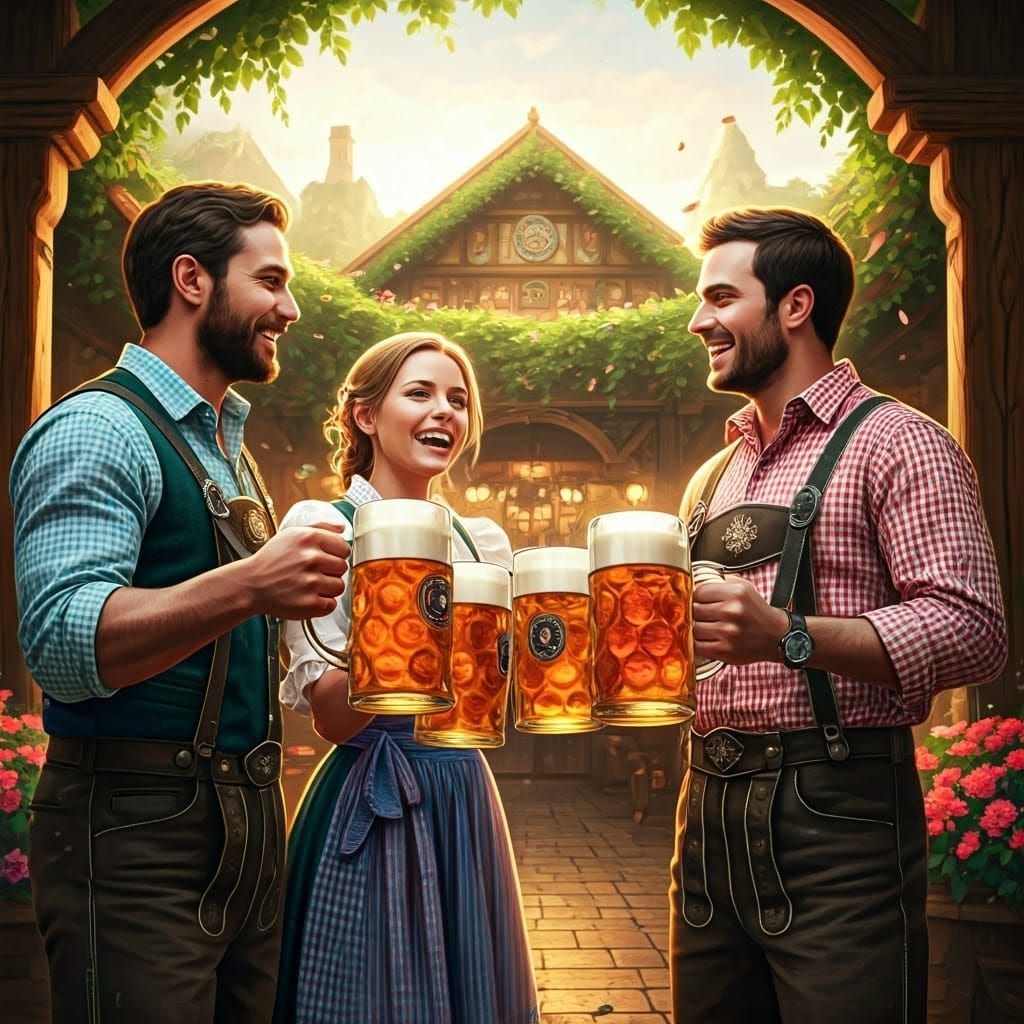 Bavarian Friends Toasting in Fantasy Beer Garden