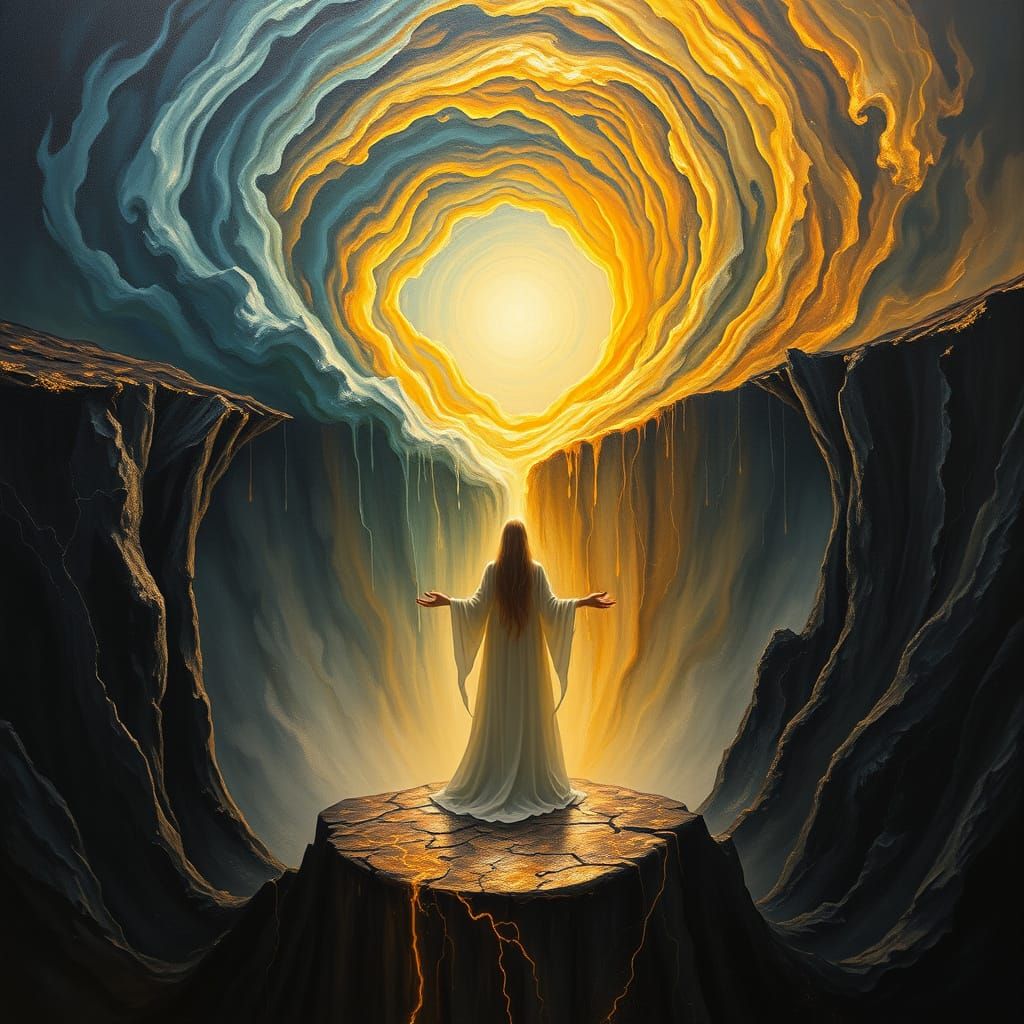 A luminous spirit in flowing alabaster robes stands at the jagged edge of a vast crater, .