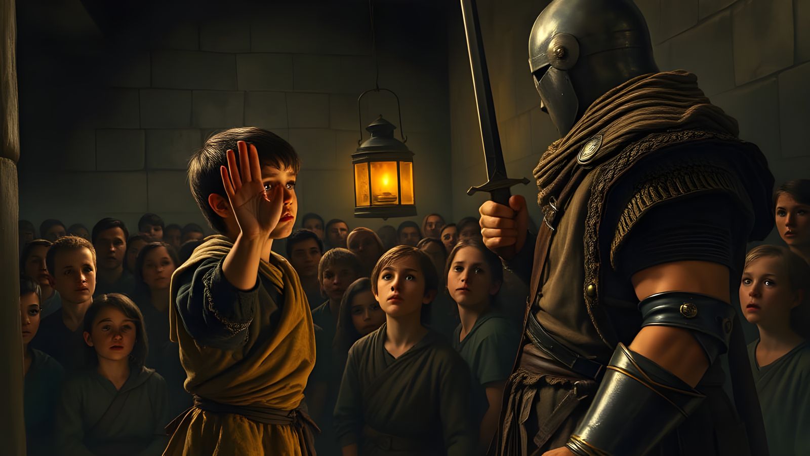 Tense Medieval Confrontation in a Dark Prison Room