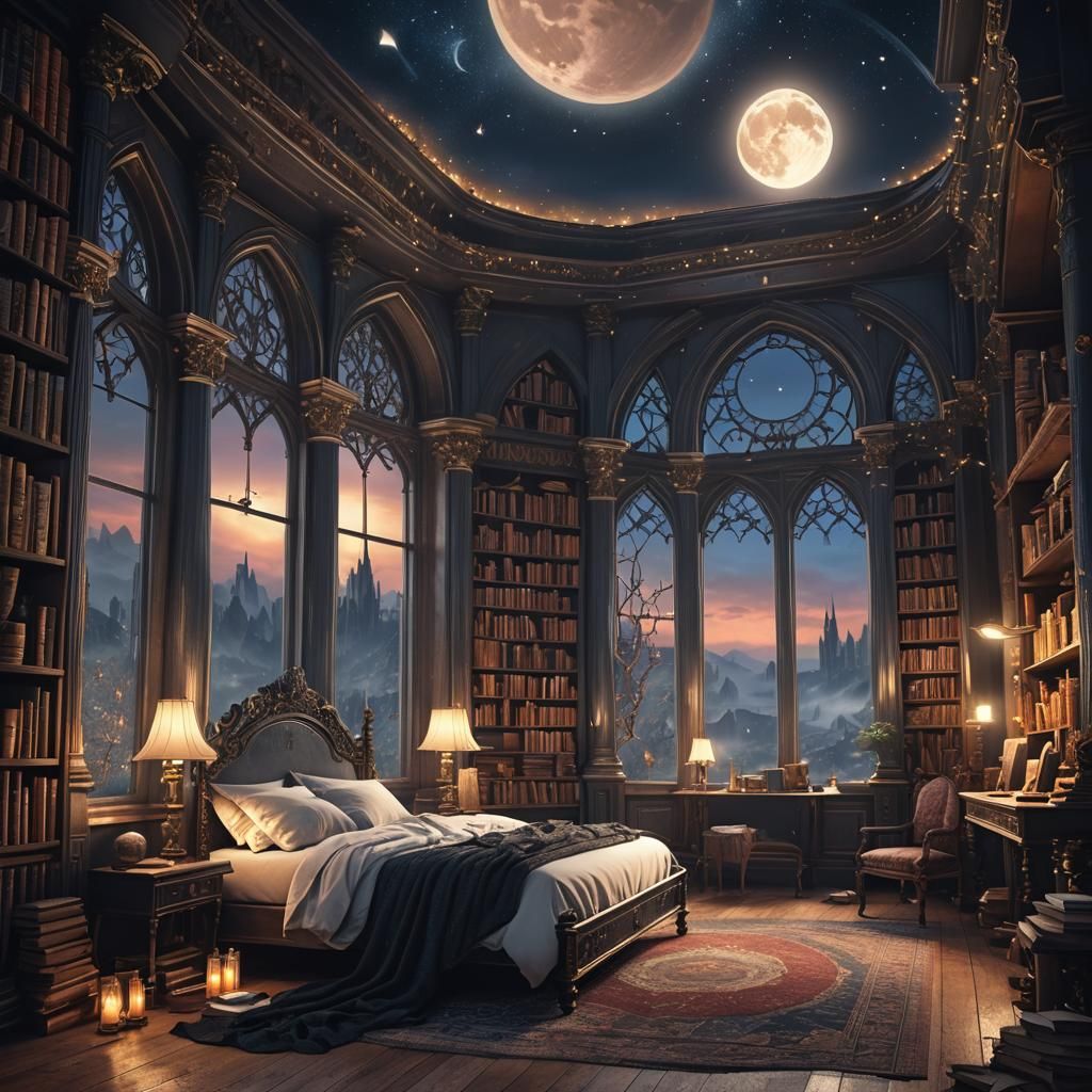 Gothic Bedroom with Moonlit Window, Digital Painting