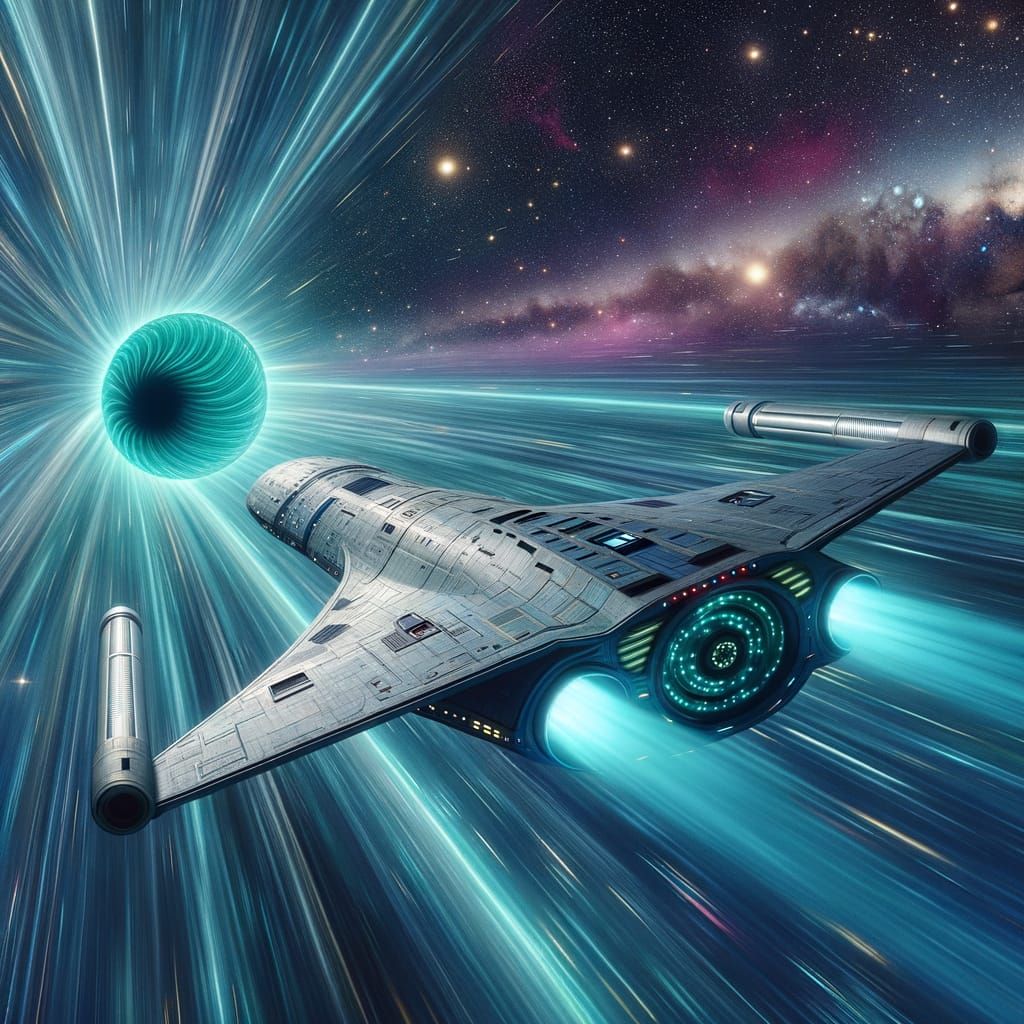 Silver Spaceship Enters Warp Speed in Cosmos