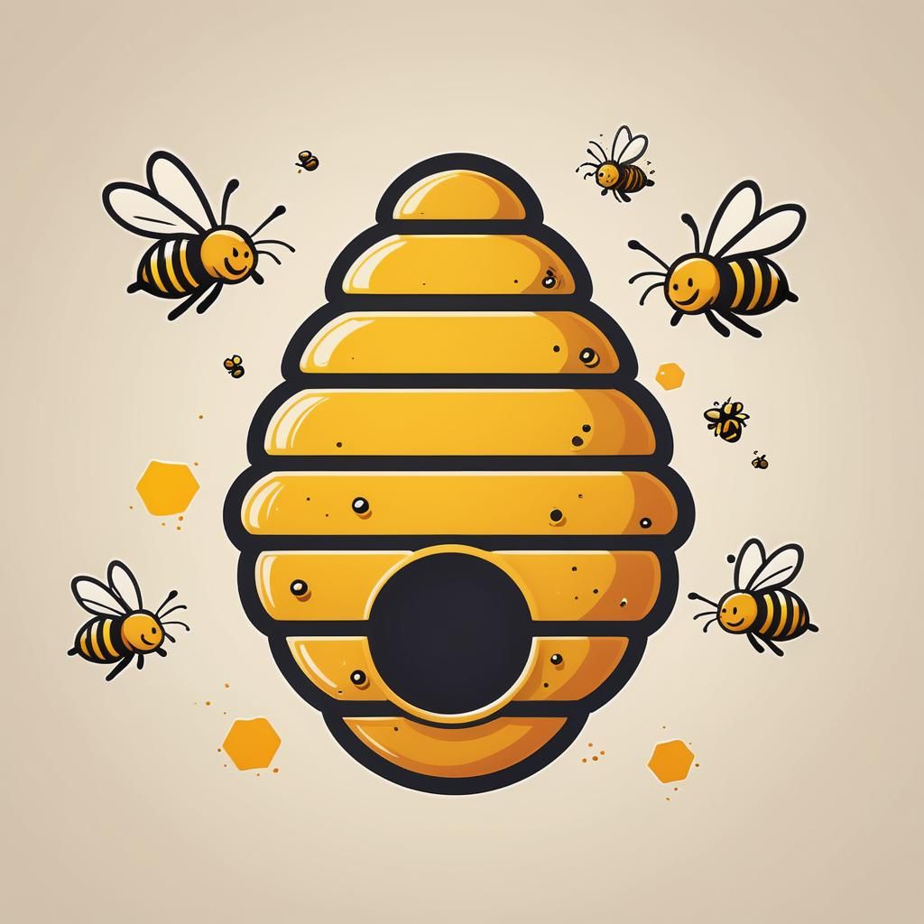 Minimalist Beehive Logo with Cartoon Bees