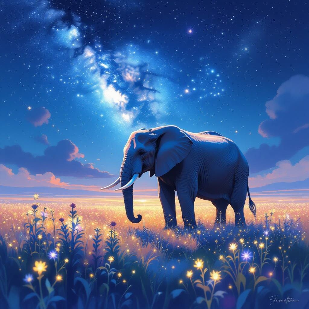 Ancient Elephant in Ethereal Flora Under Nebula Sky