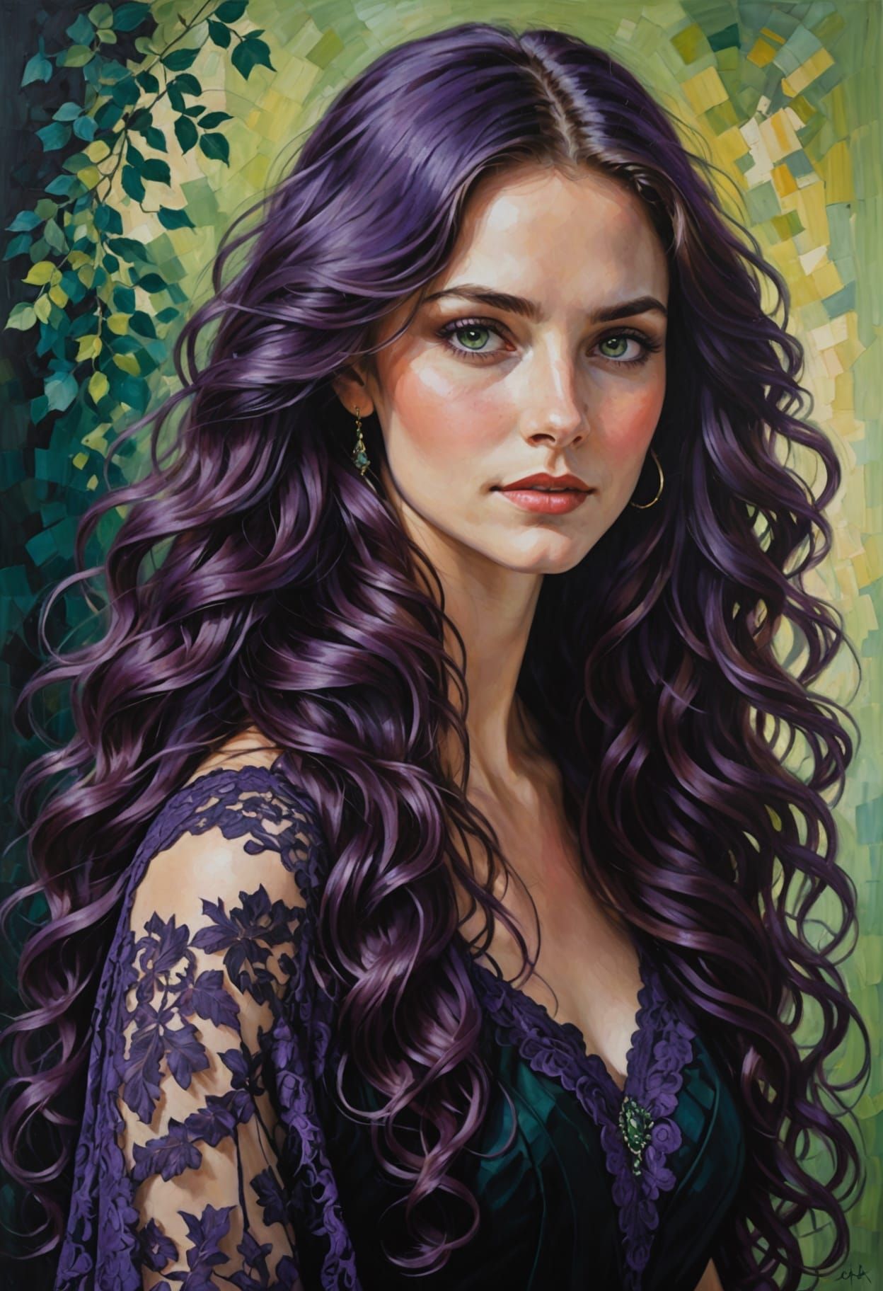 Oil Painting Portrait of Woman with Purple Hair