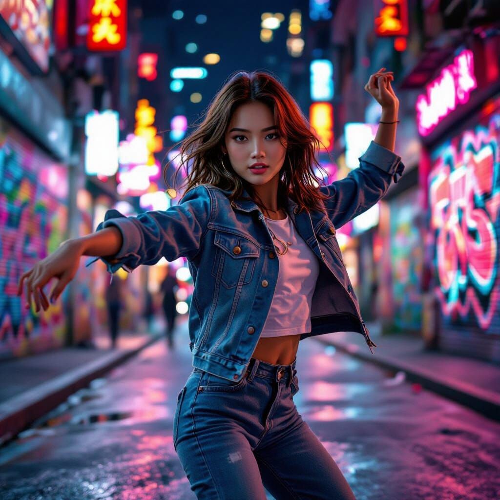 Girl Dancing K-Pop on Neon Street