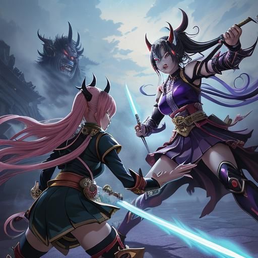 Anime Art: Female Oni Villains Battle