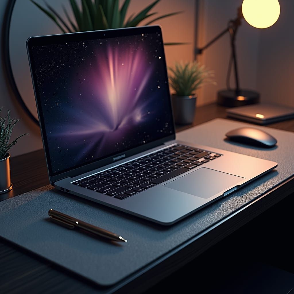 High-Tech Laptop on Marble Desk with Nebulae Background
