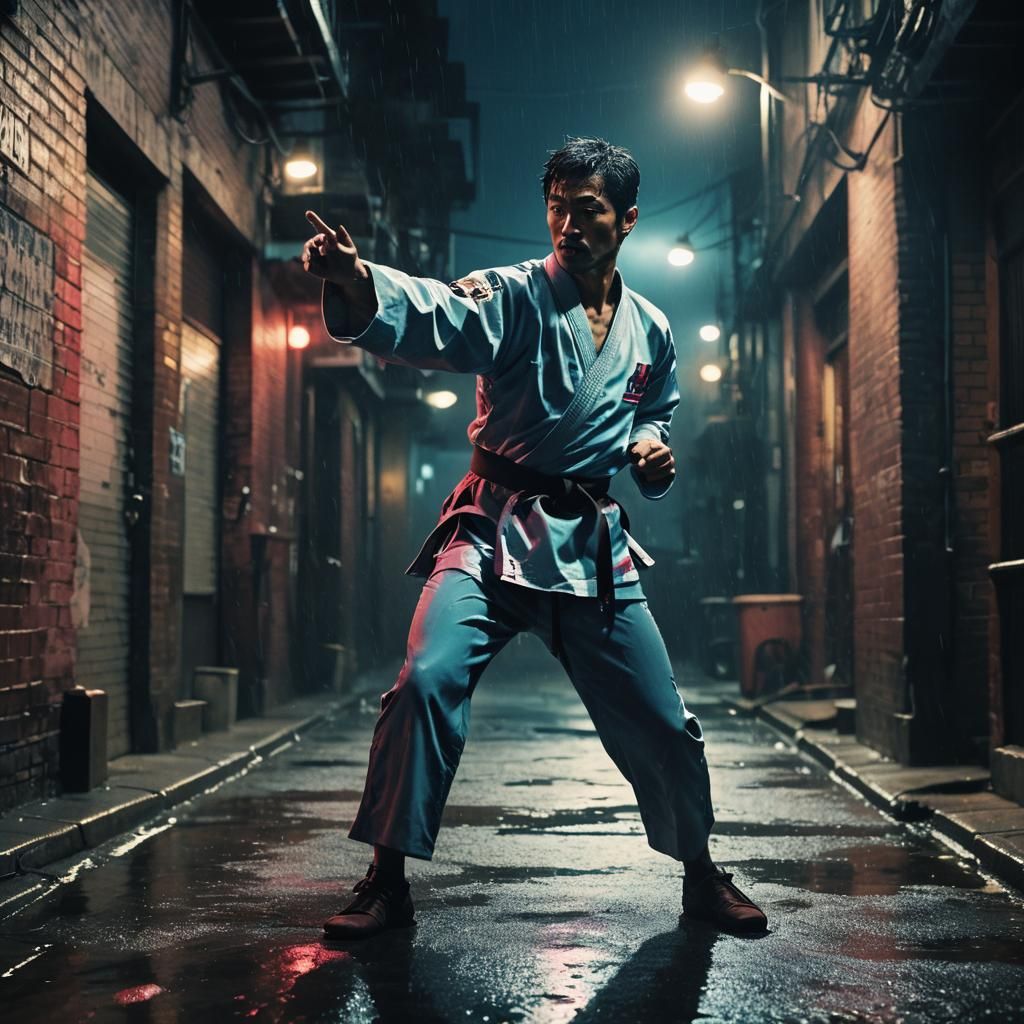 Captain Karate Kicks in a Gritty Neo-Noir Alleyway