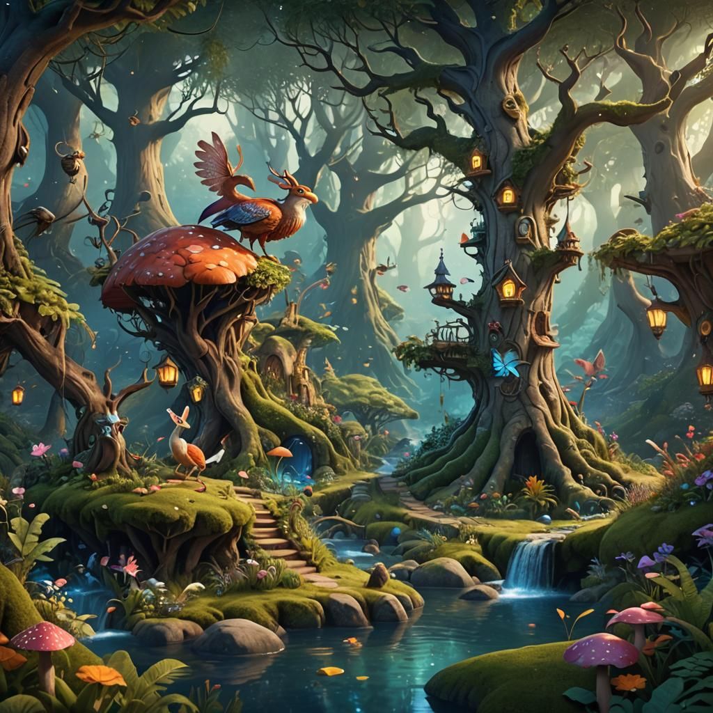 Enchanted Forest with Magical Creatures: Storybook Illustrat...