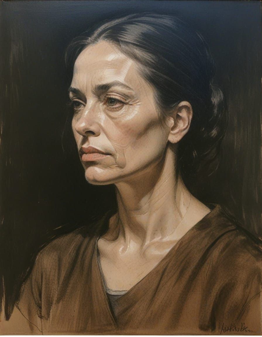 Solemn Girl in Dark Charcoal Portrait