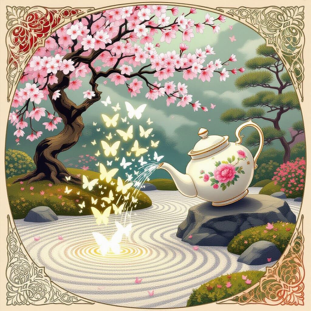 Teapot Pouring Butterflies into Zen Garden, Art Nouveau
