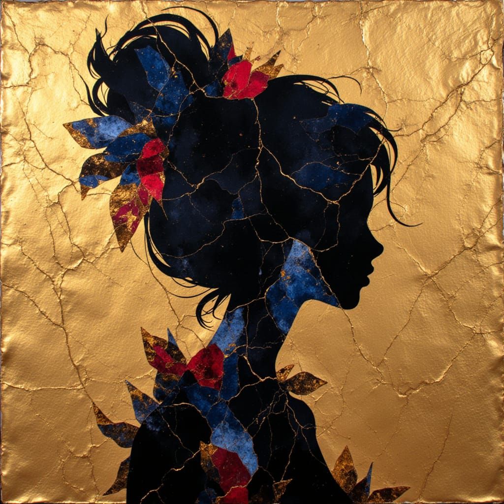 Ink Silhouette Portrait on Gold Leaf with Silver-Blue Accent...