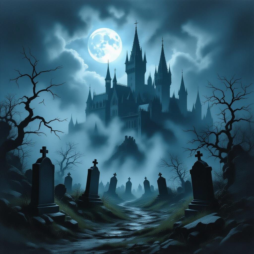 Eerie Cemetery Landscape Under Gothic Castle in Haunting Sty...