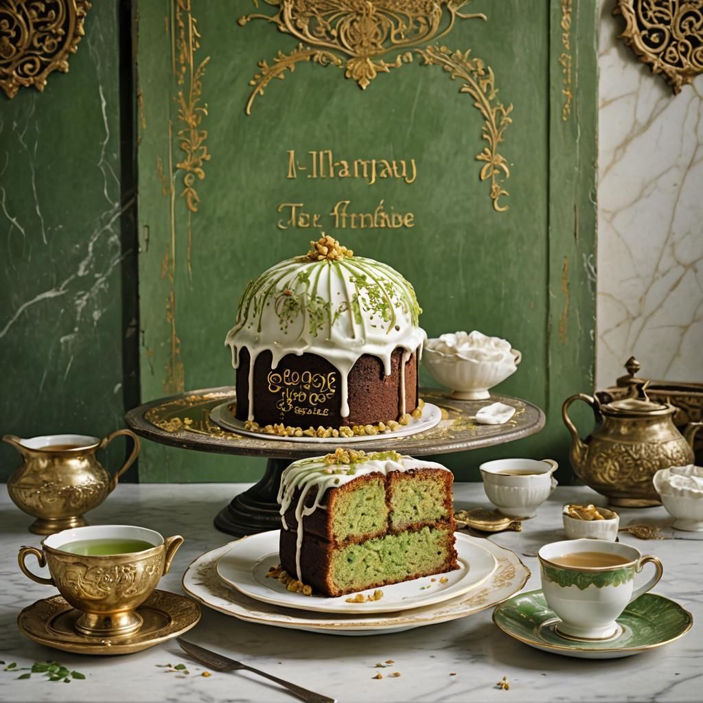 Cake Overflowing on French Patio Table, Detailed Matte Paint...