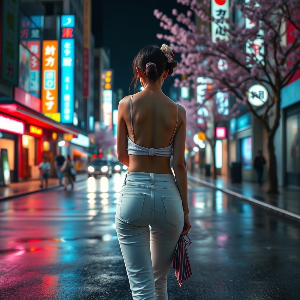 Geisha in Neon Tokyo Street, Hyper-Realistic Style