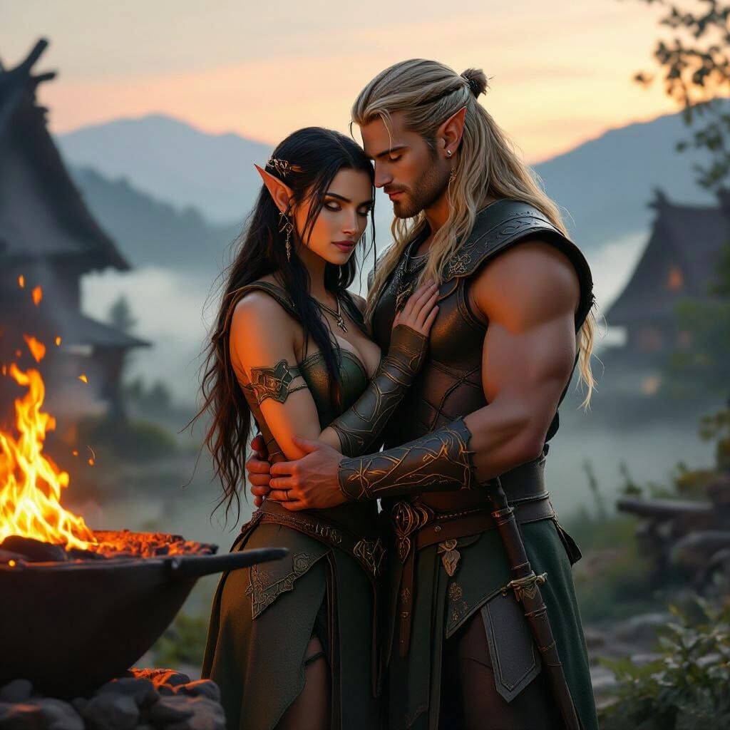 Elf Blacksmith Embraces Partner in Dawn Village