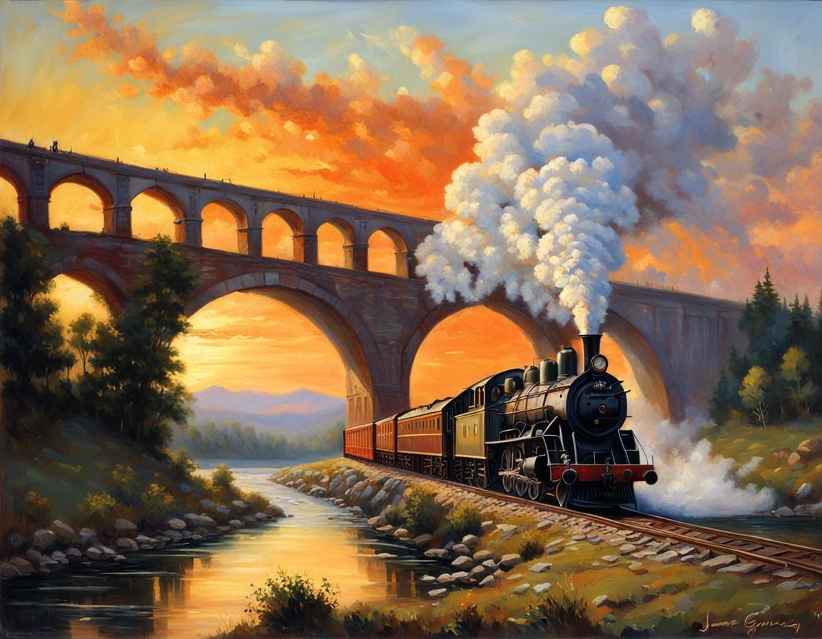 Steam Train on Arch Bridge at Sunset, Oil Painting