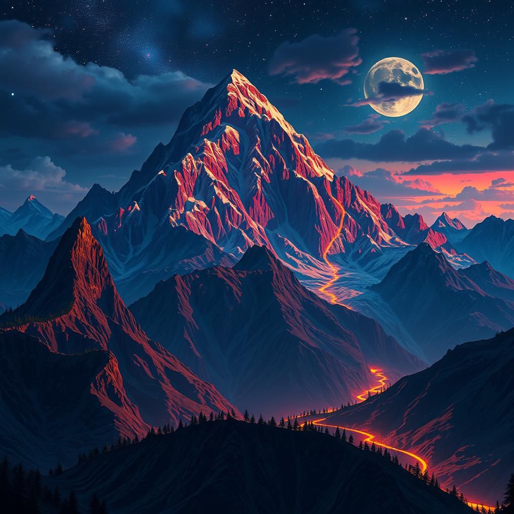 Pixel Art Mountain Range at Night in Matte Painting Style