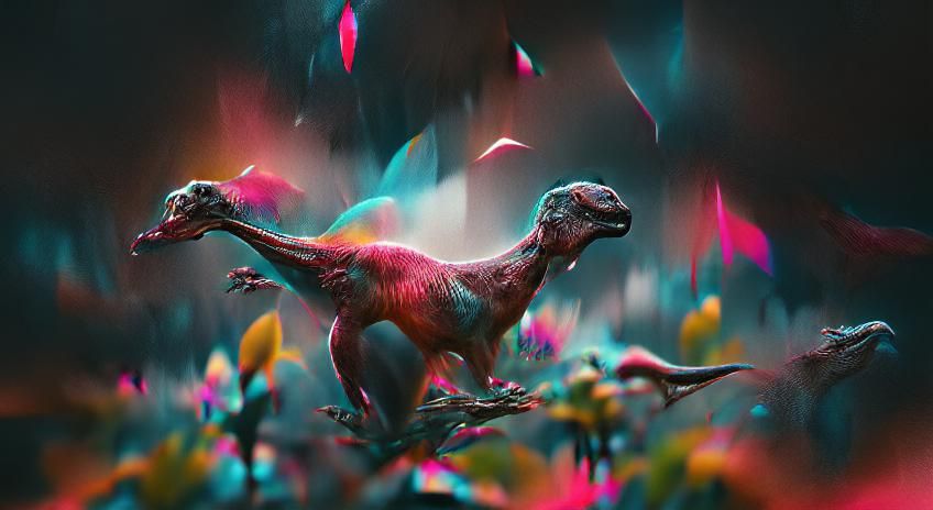 Colorful Dinosaurs in a Blooming Prehistoric Forest