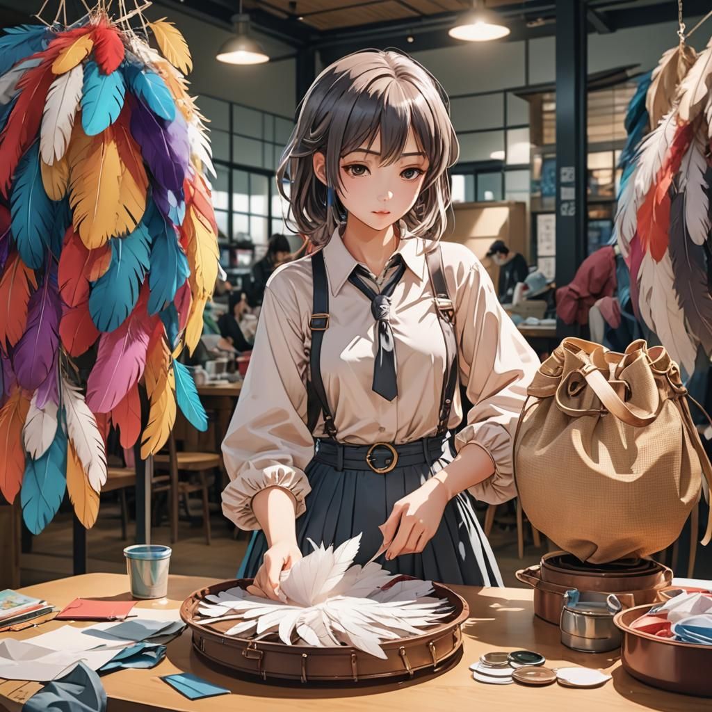 Anime Girl Packing Feathers in Manga Style