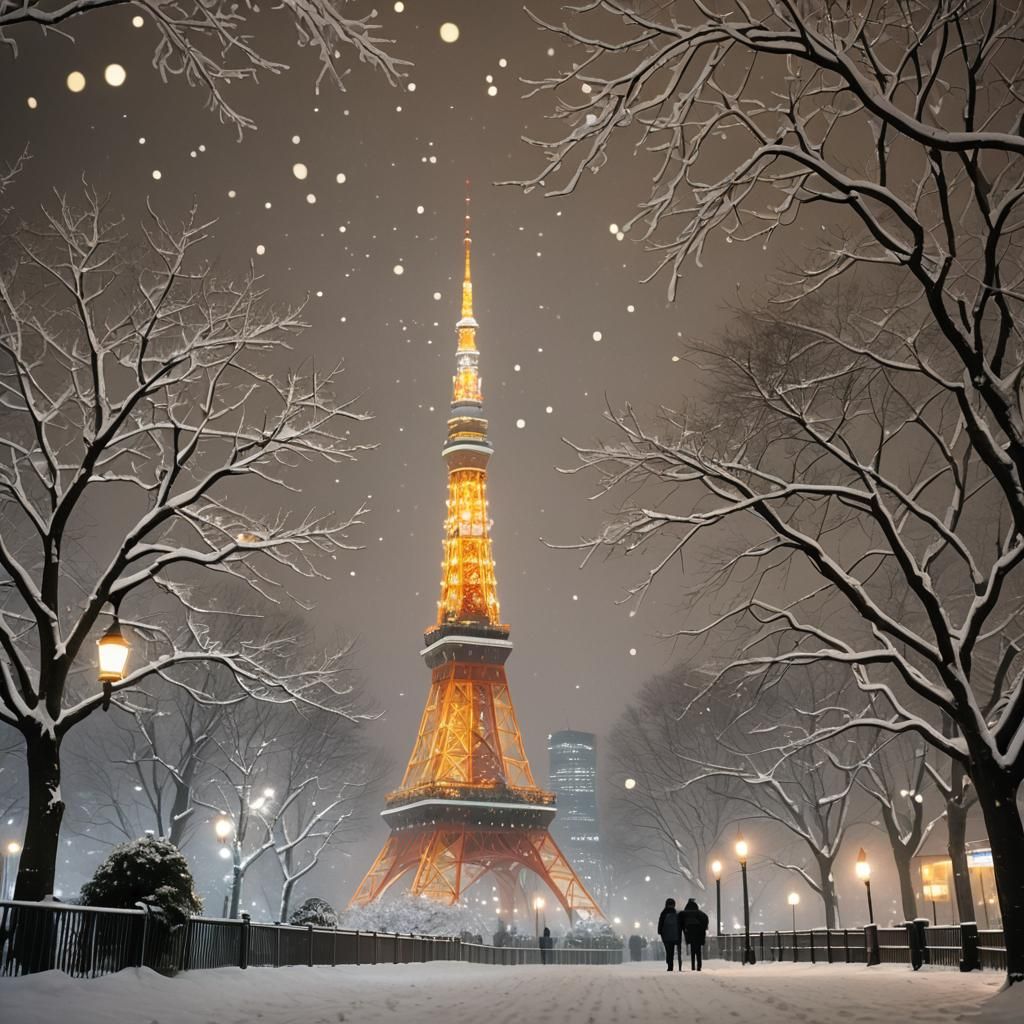 Tokyo Tower in a Winter Wonderland Scene