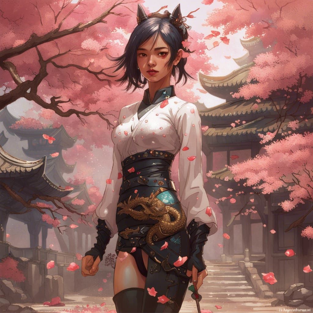 Girl with Dragon in Sakura Garden: Digital Art