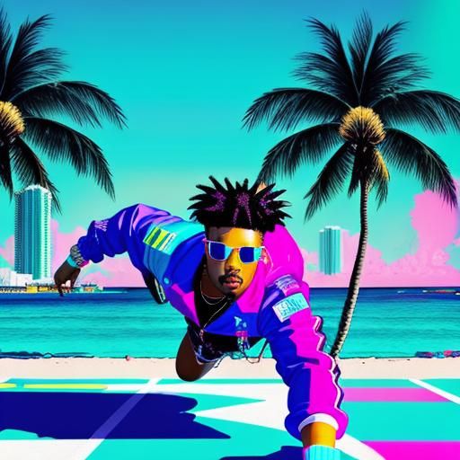 Vaporwave Breakdancer on Miami Beach with Neon Effects