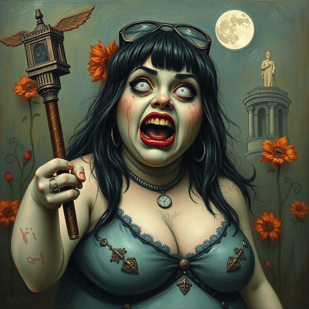 Humorous Flapper Zombie Golfing, Burton-esque Oil Painting