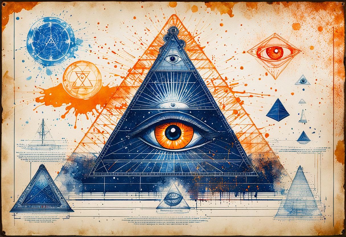 Gouache DaVinci blueprint Flying Object, Eye of Providence, Illuminati Pyramid UFO, Apricot Live Light Splatter Poster a...
