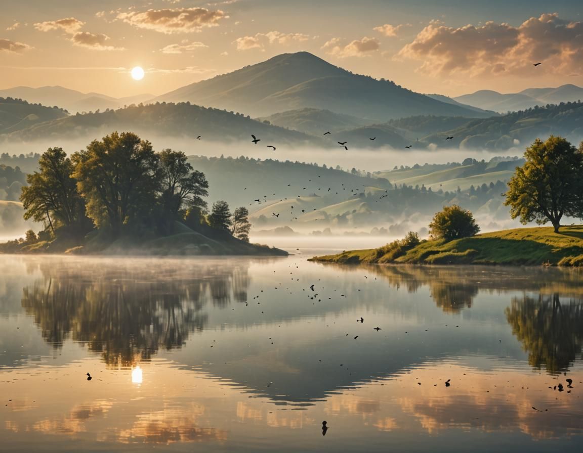 Misty Morning Landscape with Golden Hour Lighting