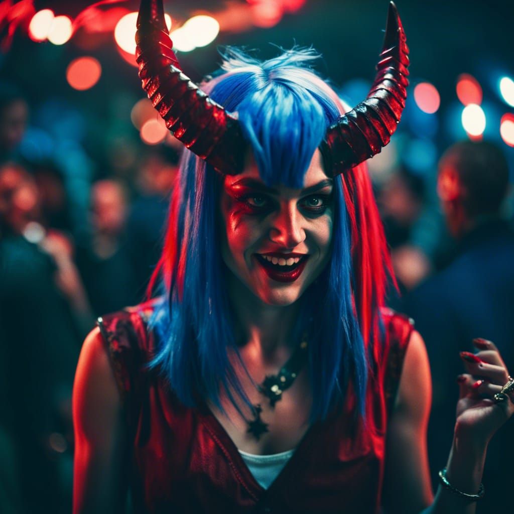 Cinematic Party Demon with Blue Hair