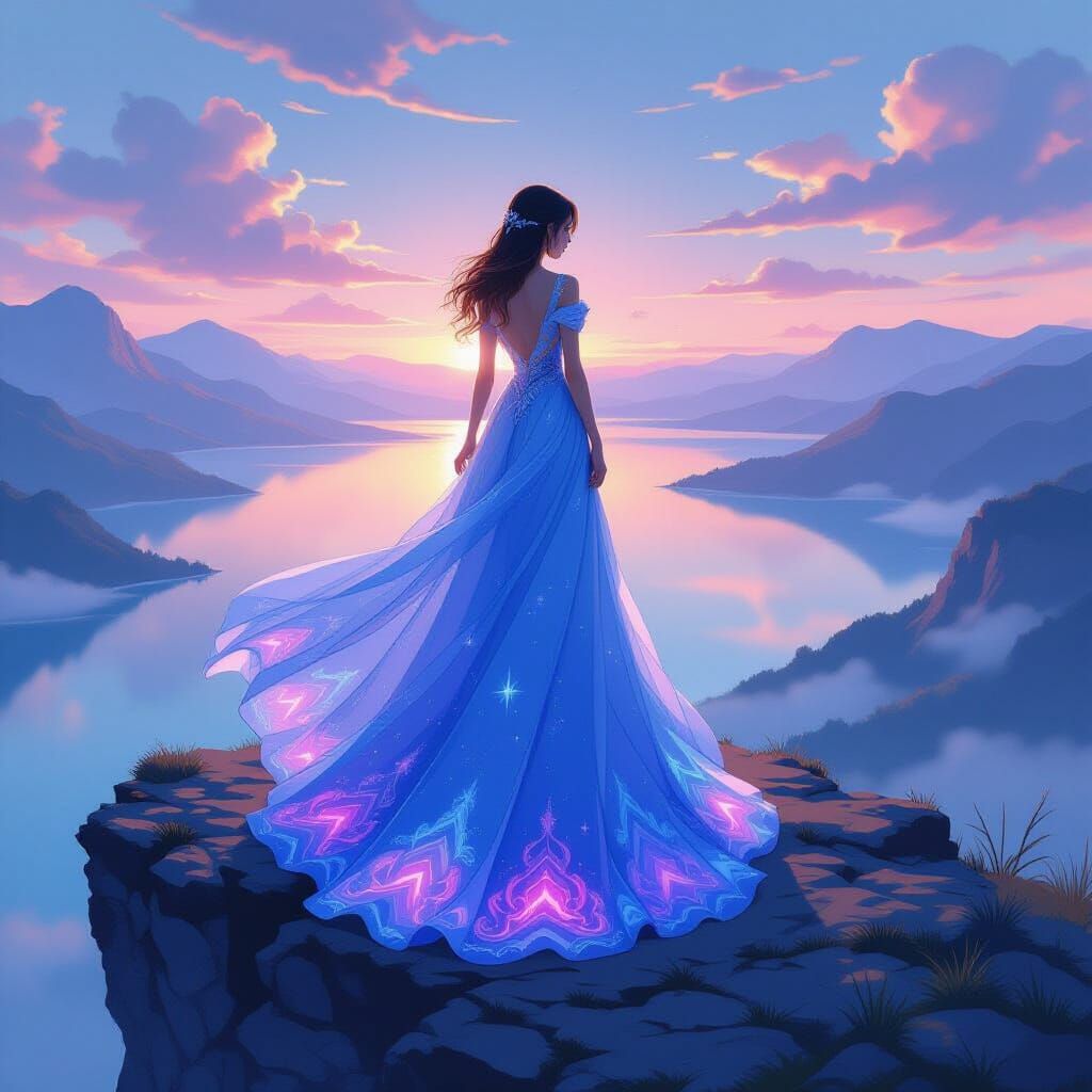 Anime Fantasy Woman in Glowing Blue Gown on Cliff