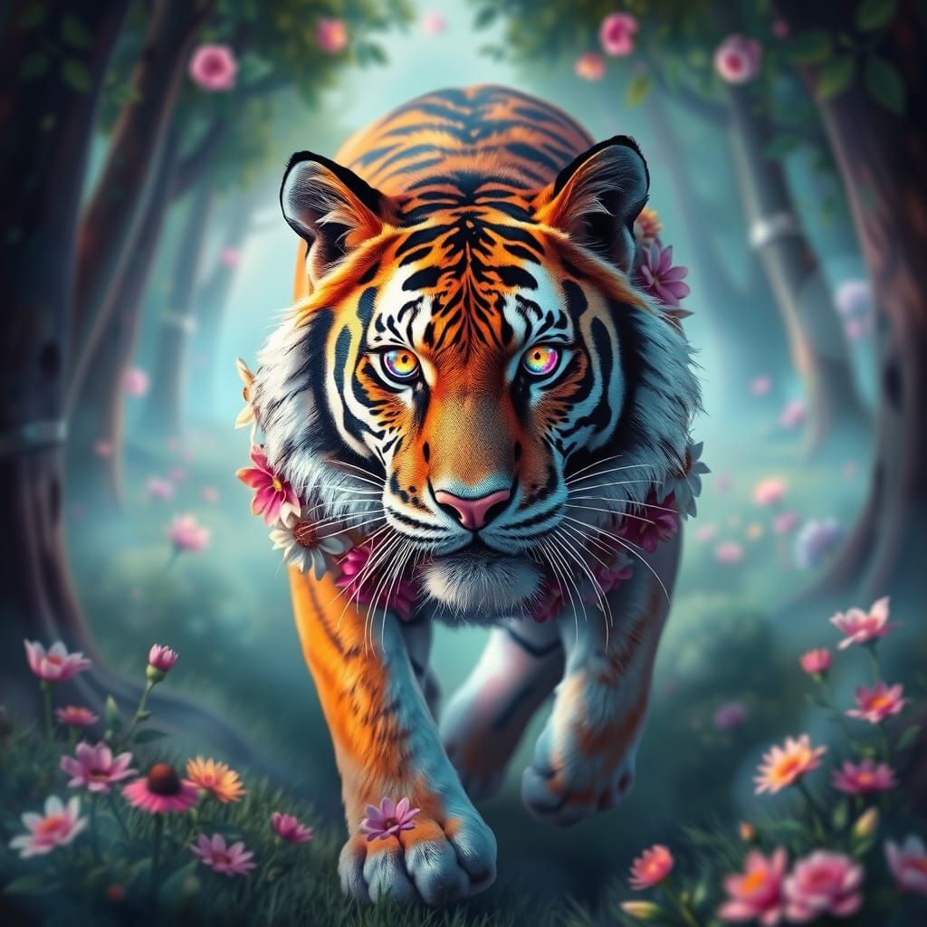 Ethereal Tiger Roams Dreamy Forest in Vibrant, Iridescent Hu...