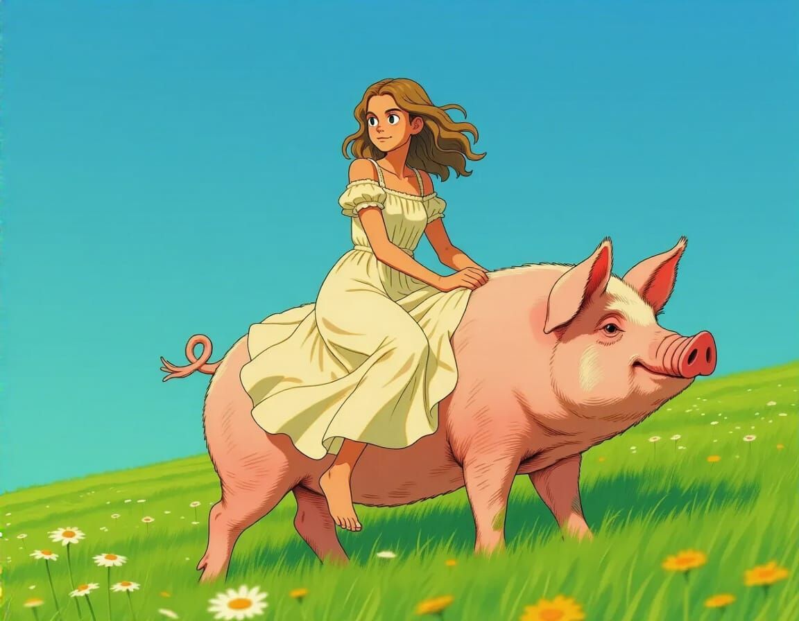 anime girl riding a pig