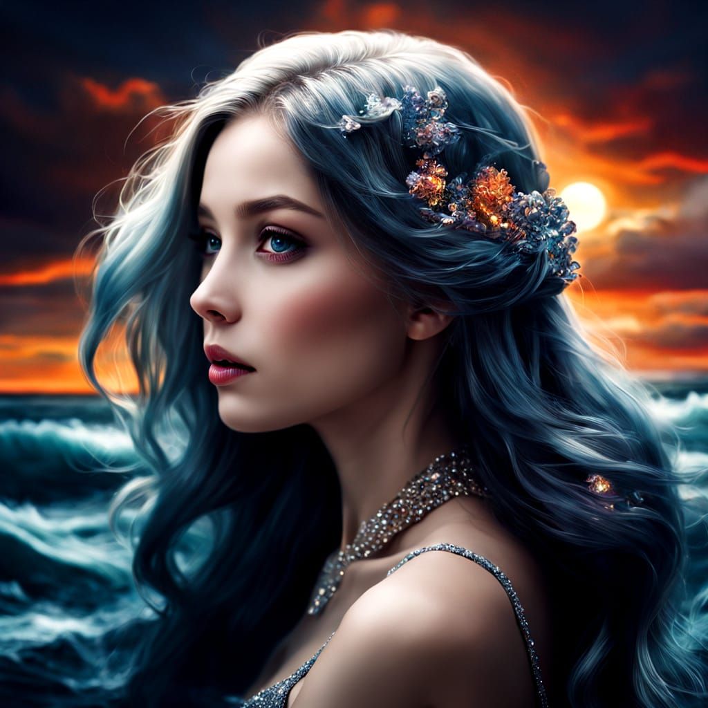 Surreal Sunset Mermaid in Velvet Puppet Style