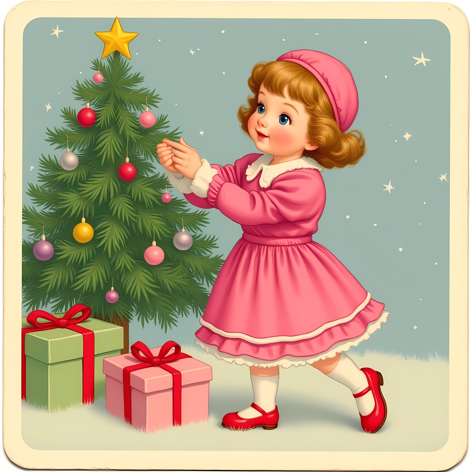 Vintage Christmas Girl with Tree and Gifts