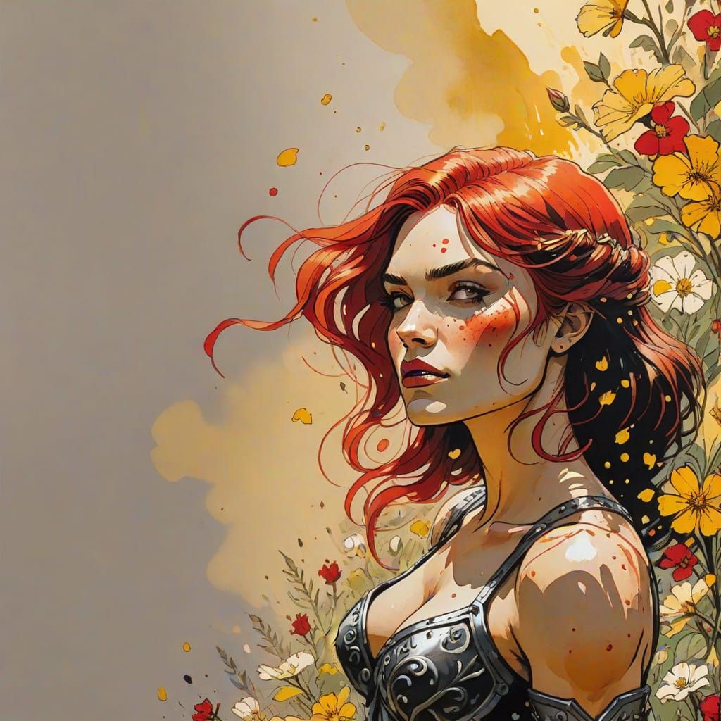 Red Sonja in Garden, Vibrant Floral Ink Painting