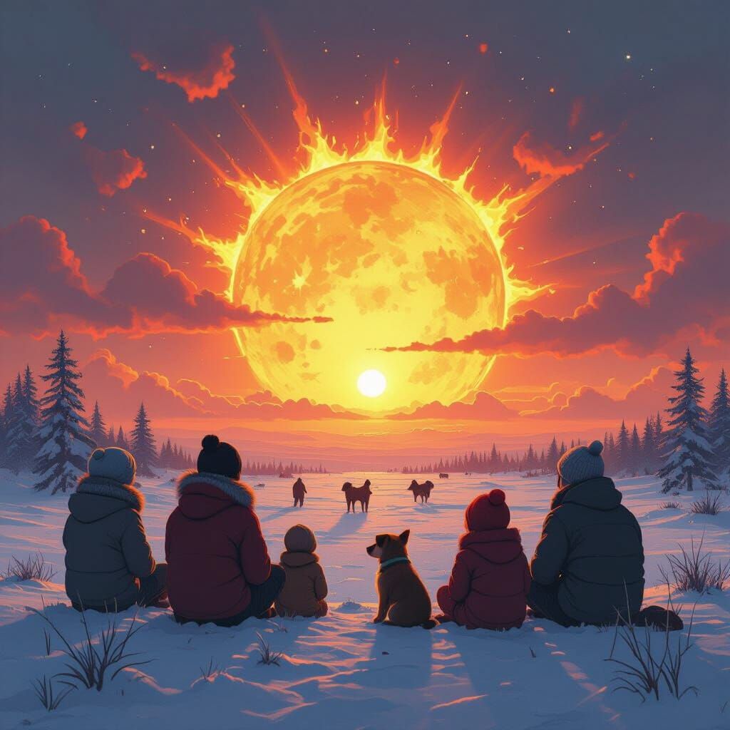 Apocalyptic Gathering: Sun Explodes in Dystopian Landscape