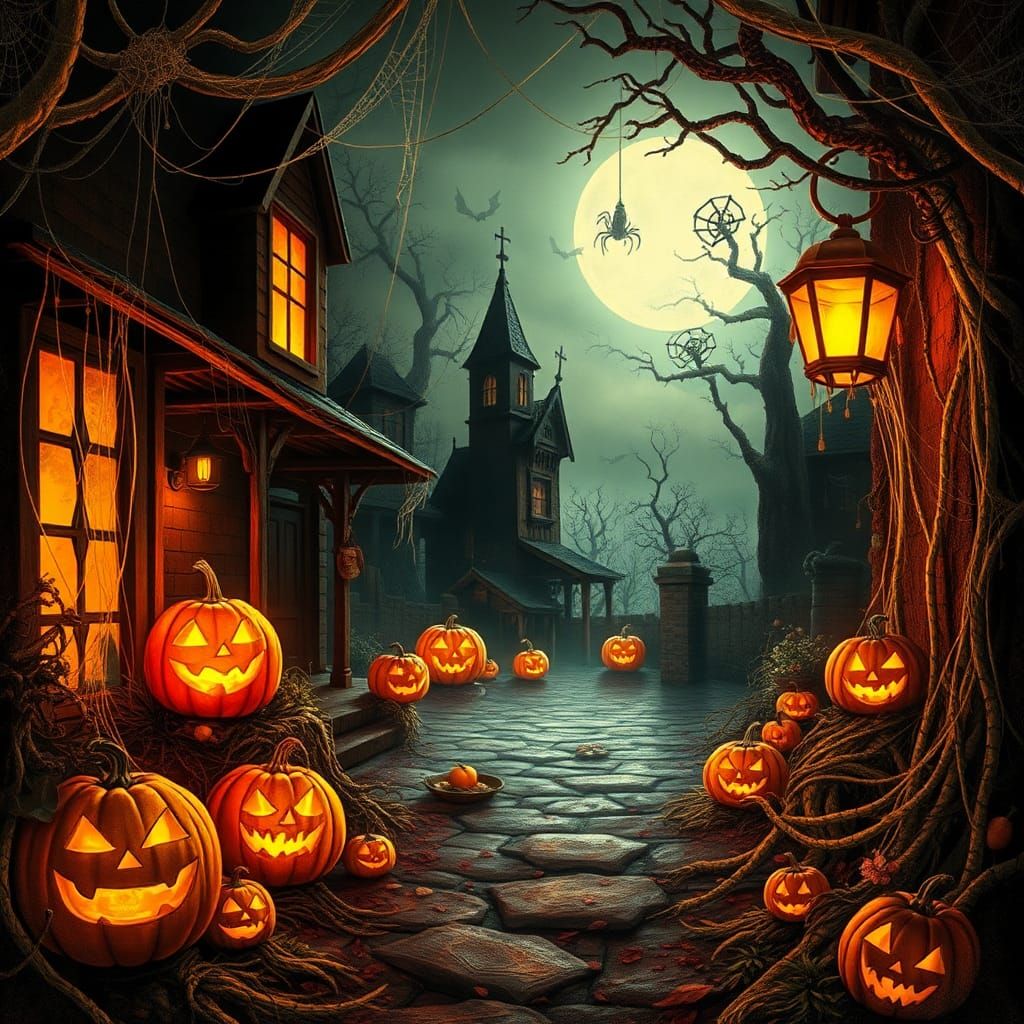 Darkly Whimsical Halloween Scene with Chaotic Twist