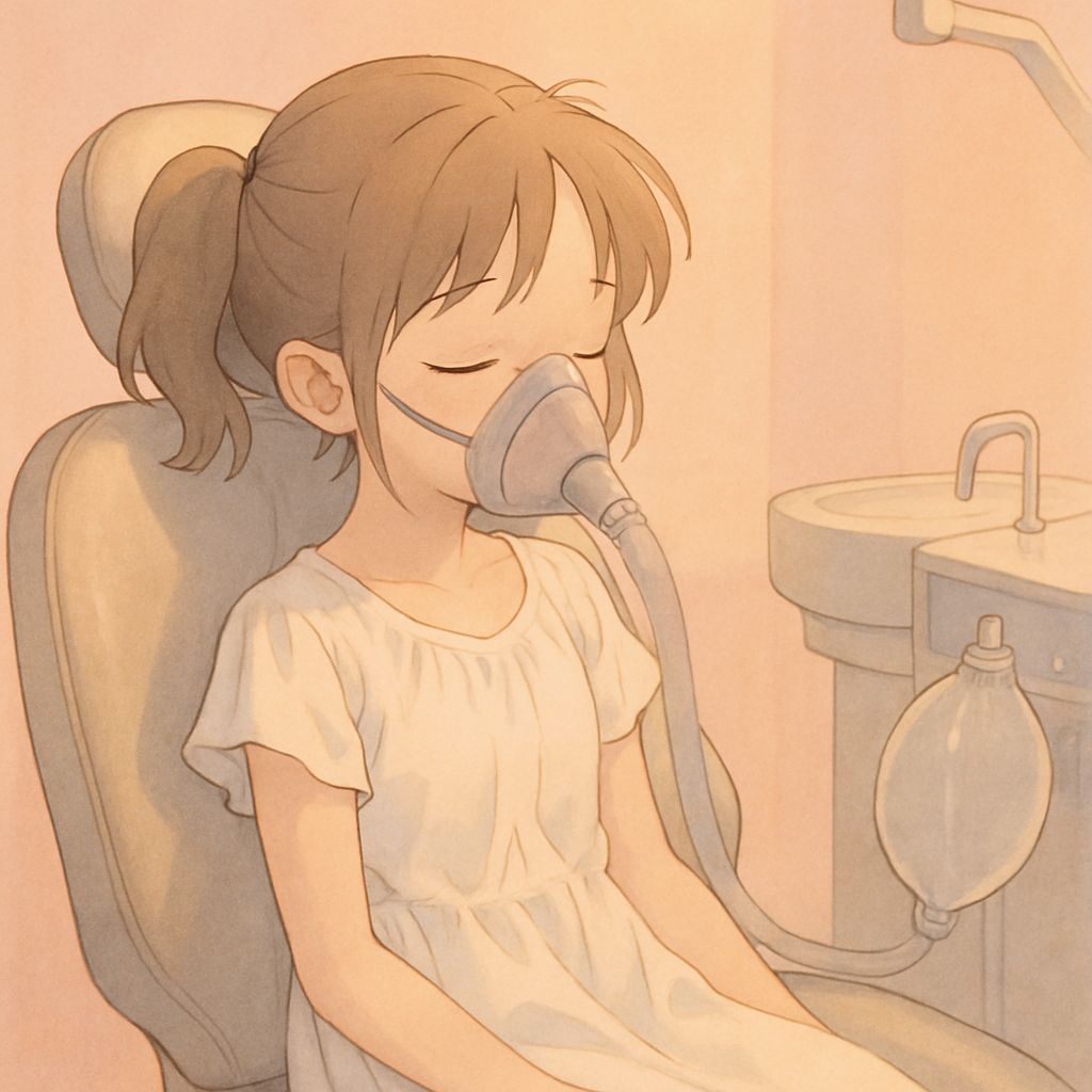 Anime Girl in Modern Dentist Chair, Soft Pastel Lighting