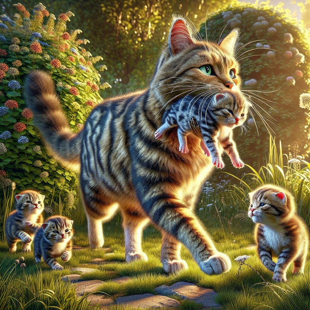 Tabby Cat Moving Her Kittens: Photorealistic Image