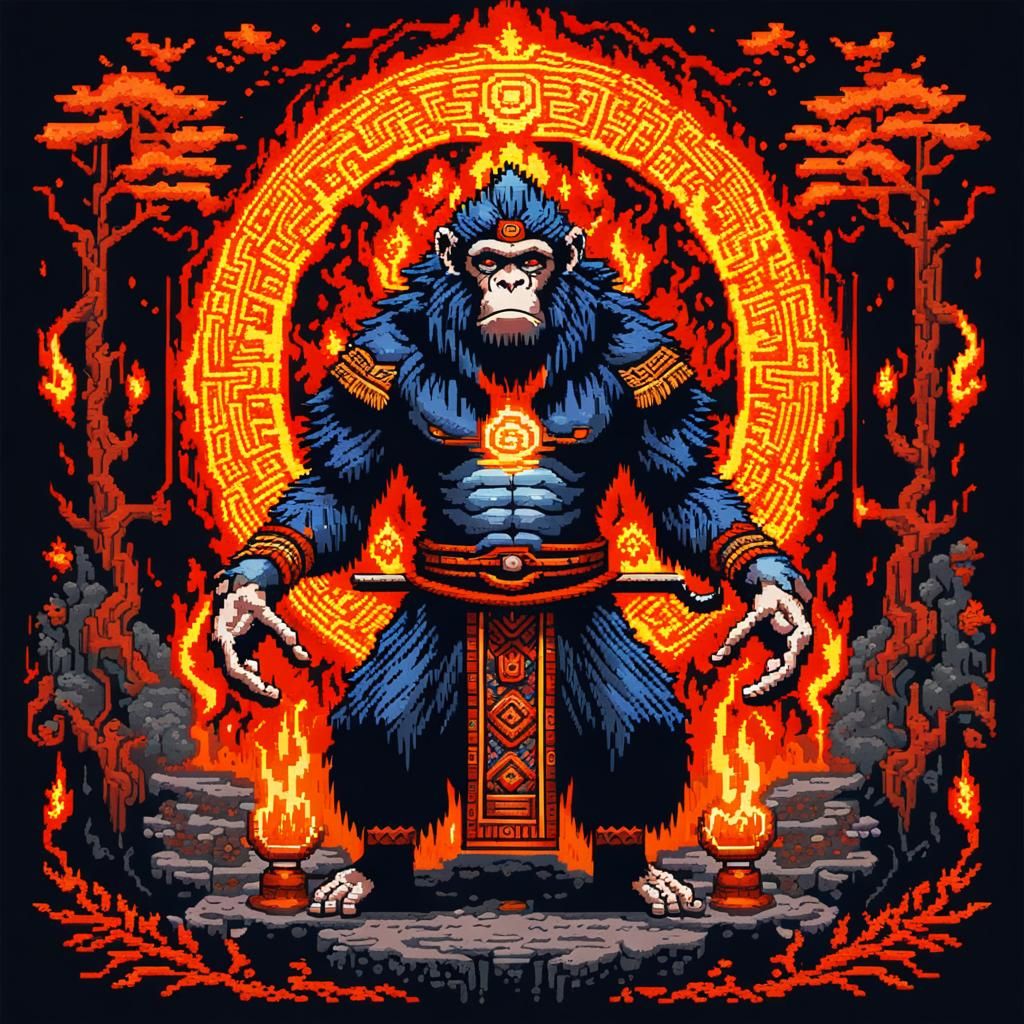 Shaman Summons Monkey Fire Spirit in Pixel Art