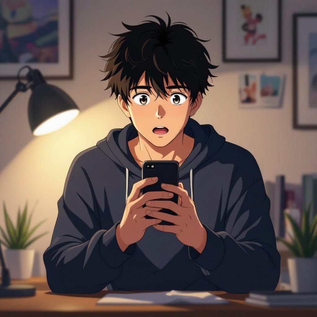 Surprised Young Man with Phone in Anime Style