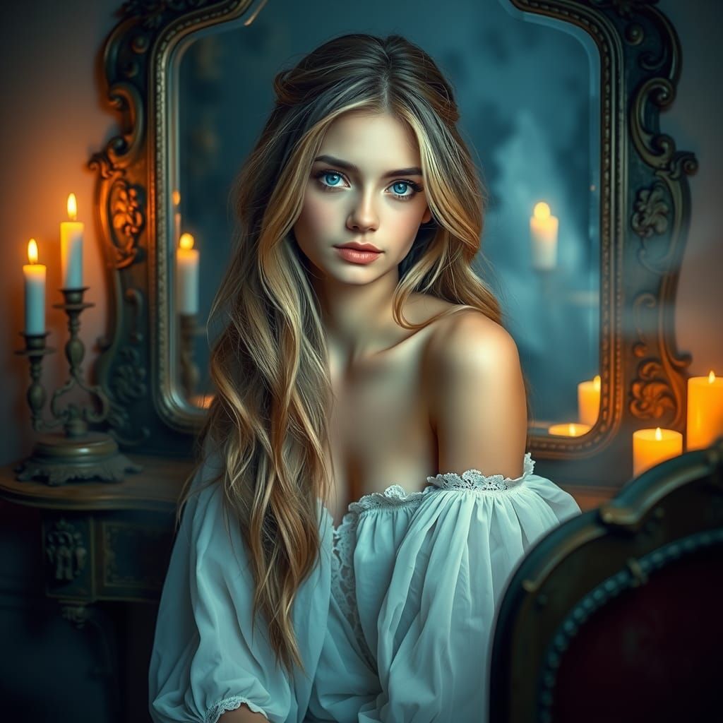 Enchanted Woman at Antique Vanity in Dreamy Style