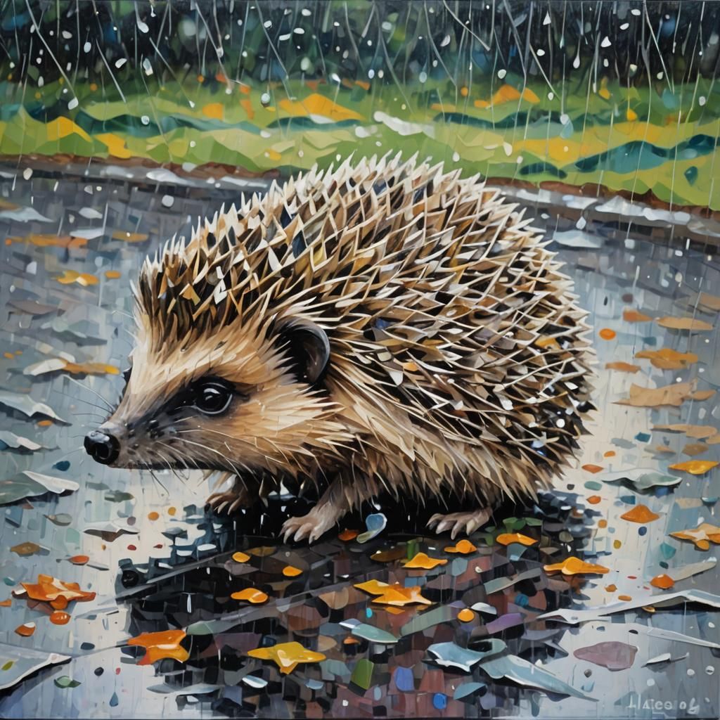 Hedgehog in Rain: Expressionist Oil Painting