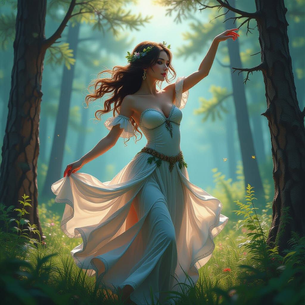 Forest Nymph Dancing in Serene Pine Forest Splash Art