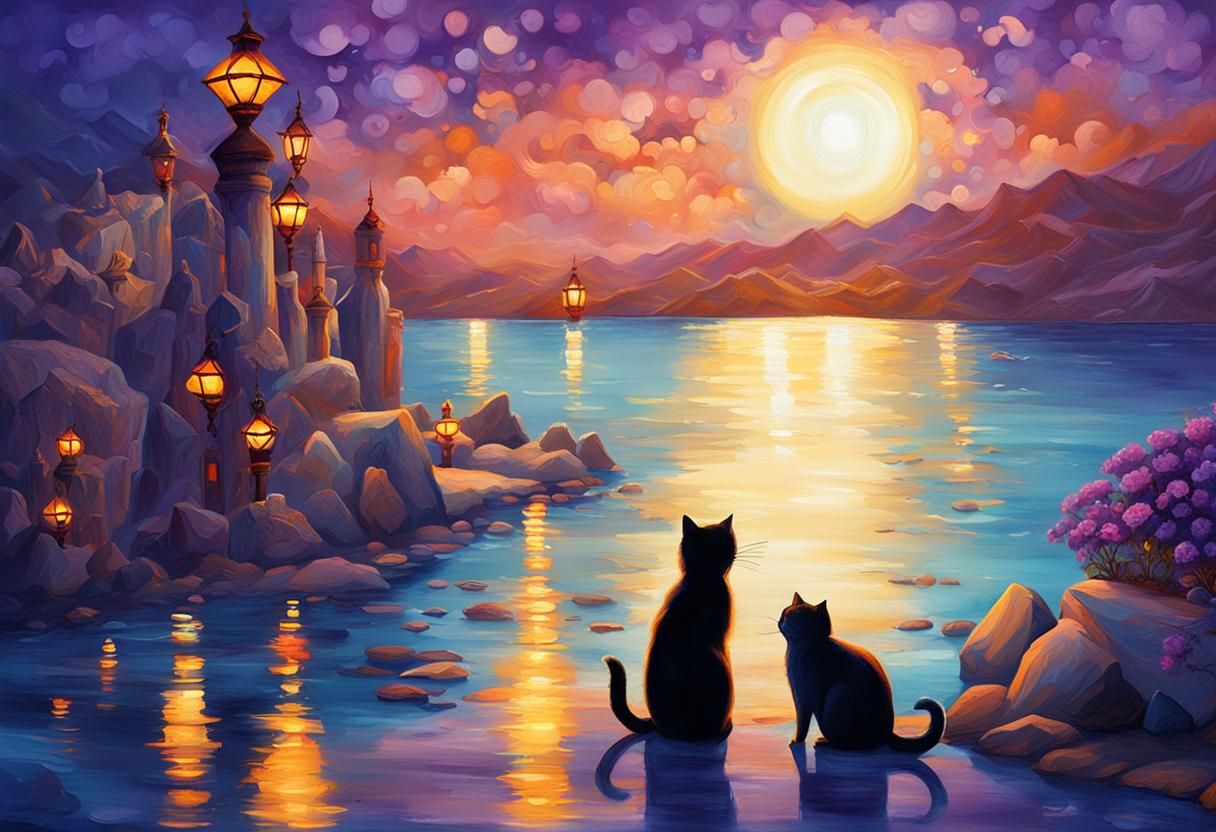Cats Kissing on Moonlit Beach in Fantasy Oil Painting