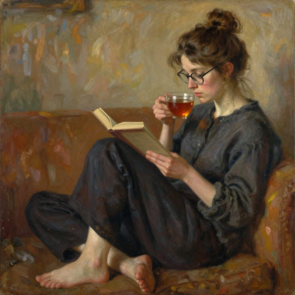 Cozy Woman Reading with Tea in Impressionistic Style